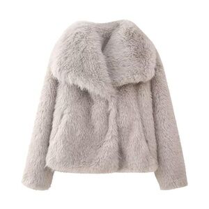 New Woman Short Faux Fur Jacket Ecru, Warm Winter Coat Outdoor Top Ladies M